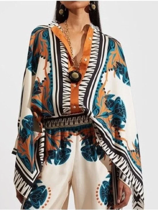 Boho Luxe Floral Two-Piece Set – Kimono Sleeve Top & Wide-Leg Pants (2XL) - Picture 2 of 2